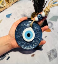 El Yapımı Hediyelik Cam Nazar Boncuğu, Simli, İpli, Lacivert 11 Cm Duvar Süsü (Lacivert)