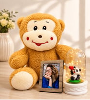 Kişiye Özel Fotoğraflı LED Işıklı Pandalı Fanus ve Sevimli Peluş Maymun Sevgiliye Kadına Hediye