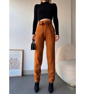 Kendinden kemerli triko pantolon camel