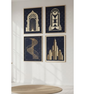 Art Deco Altın Mimari Dekoratif 4’lü Ahşap Çerçeveli Tablo Seti - Salon Duvar Dekoru