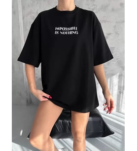 Unisex Bisiklet Yaka Baskılı Oversize T-Shirt - Siyah