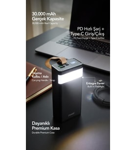 Kalemhane 30. 000 Mah.  Powerbank + Fener (Siyah)
