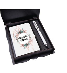 Renkli Çiçek Desenli Lüx Ahşap Kutuda Hediyeli Defter + Kalem Seti