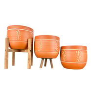 Bitki Tasarımı Ev Dekorasyon Nakış Desenli Toprak Saksı Saksılık Salon Çiçeklik Üçlü Set - 19 CM