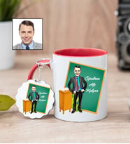 Karikatürlü Erkek Öğretmene Özel Kupa Bardak ve Anahtarlık (Kırmızı)