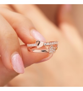 925 AYAR ROSE GOLD KAPLAMA  ALTTAN AYARLAMALI ÇİFT KALPLİ GÜMÜŞ AŞK YÜZÜĞÜ