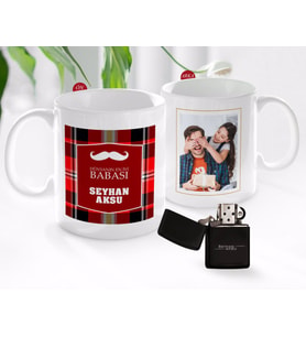 BK Gift Kişiye Özel Babalar Günü Hediyesi Fotoğraflı Kupa Bardak ve Benzinli Çakmak Seti-42 (Model 1)