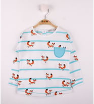 Toontoy Kız Bebek T-Shirt Çizgili Cepli Tilki Baskı (Turkuaz)