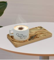 BK Gift Kişiye Özel Mermer Tasarımlı Doğal Ahşap Tabaklı Seramik Fincan Sunum Seti  Model 16