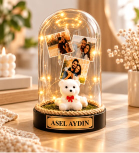Kişiye Özel Fotoğraflı Beyaz Ayıcıklı LED Işıklı Fanus – Romantik Hediye