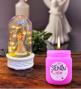 Led Işıklı Tasarım Fanus ve Mis Kokulu Pembe Cam Mum Hediye Seti (Model 5)