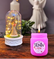 Led Işıklı Tasarım Fanus ve Mis Kokulu Pembe Cam Mum Hediye Seti (Model 5)