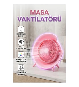Pembe Masaüstü Vantilatör – Renkli Ambiyans Işıklı Taşınabilir Ayaklı Tasarım