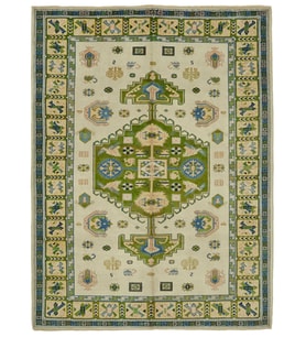 Yeşil Halı Krem Tonlu Etnik Stil Geometrik Desenli Salon Halısı El Dokuma Pamuk Yün Karışımı