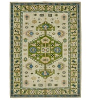 Yeşil Halı Krem Tonlu Etnik Stil Geometrik Desenli Salon Halısı El Dokuma Pamuk Yün Karışımı
