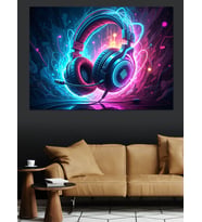Neon Işıklı Kulaklık Müzik Dekoratif Kanvas - Mdf Ahşap Tablo