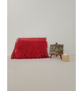 Kırmızı Tüylü,suni Deri Altıgen Yaylı Burslu Kadın Clutch Çanta
