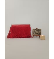 Kırmızı Tüylü,suni Deri Altıgen Yaylı Burslu Kadın Clutch Çanta