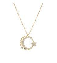 Ayyıldız Zirkon Taşlı Otantik Desenli Gold Rengi 925 Ayar Gümüş Kadın Kolye