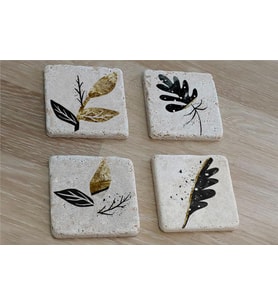Altın Desenli Yapraklı Doğal Taş Bardak Altlığı 4'lü set - Natural Stone Coasters
