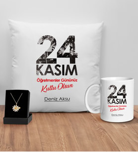 BK Gift Kişiye Özel Öğretmenler Günü Tasarımlı Beyaz Kupa Yastık ve İsimli Papatya Kolye Hediye Seti- 8, Öğretmene Hediye, Öğretmenler Günü