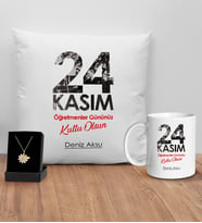 BK Gift Kişiye Özel Öğretmenler Günü Tasarımlı Beyaz Kupa Yastık ve İsimli Papatya Kolye Hediye Seti- 8, Öğretmene Hediye, Öğretmenler Günü