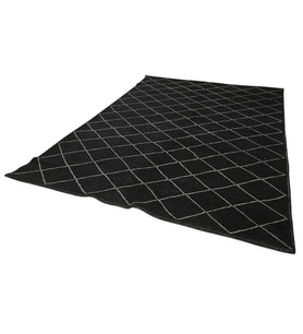 Siyah Halı El Dokuma Yünlü Modern Geometrik Motifli Salon Halısı Düz Doku Yatak Odası