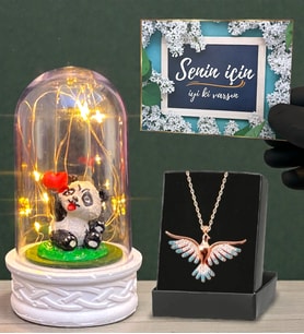 Renkli Zümrüdü Anka Kuşu Kolye ve Led Işıklı Fanus Hediye Seti (Model 8)