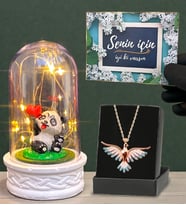 Renkli Zümrüdü Anka Kuşu Kolye ve Led Işıklı Fanus Hediye Seti (Model 8)