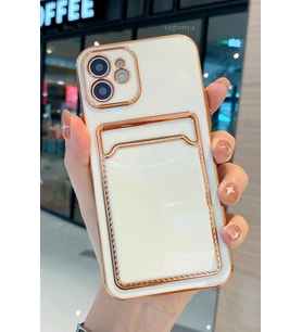 iPhone 11 Kılıf Kamera Korumalı Kartlıklı Altın Kenar Tasarım Silikon (Beyaz)