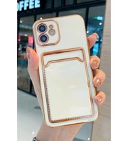 iPhone 11 Kılıf Kamera Korumalı Kartlıklı Altın Kenar Tasarım Silikon (Beyaz)