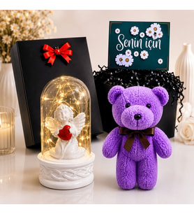 Siyah Hediye Kutusunda Beyaz Melek Biblolu Led Işıklı Fanus ve Mor Peluş Ayıcık Hediye Seti