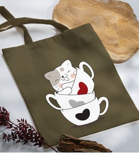 BK Gift Kedi Tasarımlı Haki Kumaş Bez Çanta, Baskılı Omuz Çantası, Alışveriş Çantası, Arkadaşa Hediye-10
