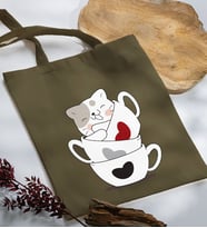 BK Gift Kedi Tasarımlı Haki Kumaş Bez Çanta, Baskılı Omuz Çantası, Alışveriş Çantası, Arkadaşa Hediye-10