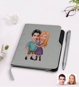 BK Gift Kişiye Özel Sevgililer Karikatürlü Gri Termo Deri Defter Kalem Seti-80