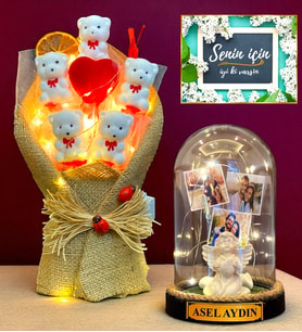 Led Işıklı Ayıcık Buketi ve Kişiye Özel Led Işıklı Biblolu Fanus - Kişiye Özel Premium Set (Model 2)