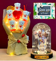 Led Işıklı Ayıcık Buketi ve Kişiye Özel Led Işıklı Biblolu Fanus - Kişiye Özel Premium Set (Model 2)