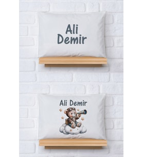 Pia Baby Premium %100 Pamuk İkili İsim Yazılı Erkek Bebek Yastık Kılıfı – 35x45 cm Organik Baskı 5007-13 (Ekru)
