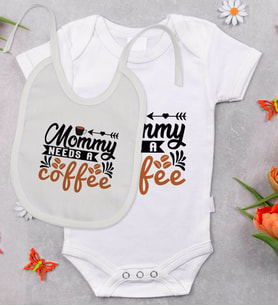 BK Kids Mommy Needs A Coffee Tasarımlı Bebek Body Zıbın ve Mama Önlüğü Hediye Seti - Model 1