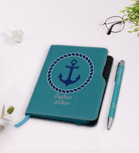 BK Gift Kişiye Özel Çapa Tasarımlı Turkuaz Termo Deri Defter Kalem Seti-1