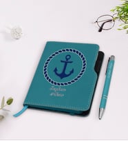 BK Gift Kişiye Özel Çapa Tasarımlı Turkuaz Termo Deri Defter Kalem Seti-1