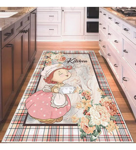 Bej Kitchen Yazılı Kız Figürlü Yıkanabilir Kaymaz Taban Leke Tutmaz Modern Salon Halısı ve Yolluk