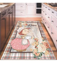 Bej Kitchen Yazılı Kız Figürlü Yıkanabilir Kaymaz Taban Leke Tutmaz Modern Salon Halısı ve Yolluk