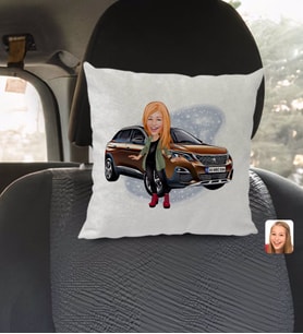 BK Gift Kişiye Özel Plakalı Kadın Peugeot 3008 Karikatürlü Kare Araç Koltuk Yastığı-2