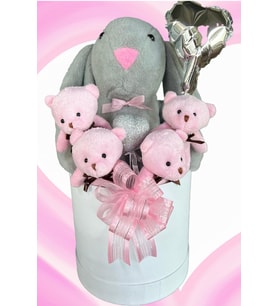 Solemia Premium Özel Kutusunda; 45 cm Gri Bunny Tavşan, Simli Kalp 4 Pembe Ayıcık ve Gri Bunny Tavşan
