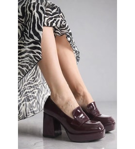 Kadın Elegant Ayakkabı Platform Kalın Topuklu Loafer Özel Tasarım Abiye Ayakkabı (Bordo)