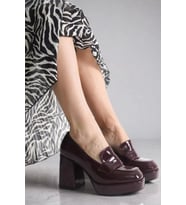 Kadın Elegant Ayakkabı Platform Kalın Topuklu Loafer Özel Tasarım Abiye Ayakkabı (Bordo)