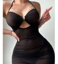 Visatin Kalp Aksesuarlı Siyah Transparan Zincir Aksesuarlı Mini Gecelik/Babydoll -4043
