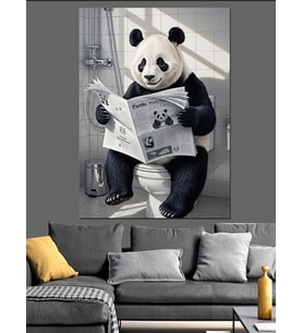 Tuvalette Gazete Okuyan Panda Dekoratif Kanvas - Mdf Ahşap Tablo