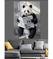 Tuvalette Gazete Okuyan Panda Dekoratif Kanvas - Mdf Ahşap Tablo